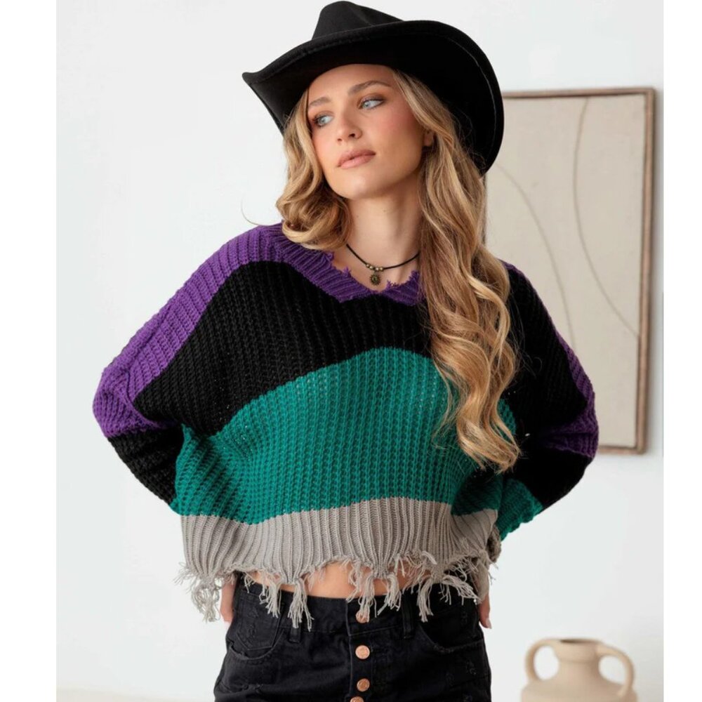 NWT V-Neck Purple Teal Black Grey Long Sleeve Sweater Size M, Destroyed Hem Look - Picture 1 of 5